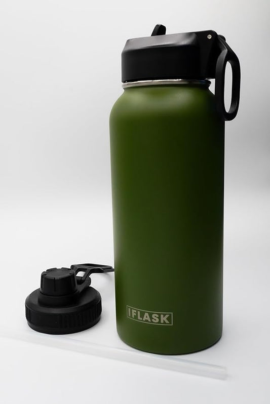 Sport Travel Outdoor Water Bottle with Spout and Straw Lids | Leak Proof | Insulated Stainless Steel Double Walled | BPA and Sweat free | Hot & Cold | For Kids Men & Women (Green, 32 oz)