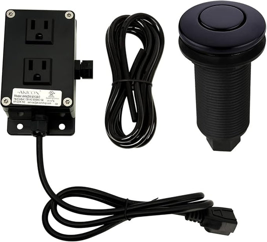 Akicon Garbage Disposal Kitchen Air Switch Kit, Dual Outlet Sink Top/Counter Top Waste Disposal On/Off Switch Kit, 2-1/2'' Max Countertop Thickness (Matte Black)