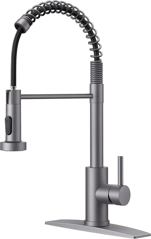 FORIOUS Kitchen Faucet with Pull Down Sprayer, Stainless Steel Commercial Single Handle Classic Spring Pull Out Sink Faucet for Pot Filler, Farmhouse Camper Bar Laundry Room, Grey