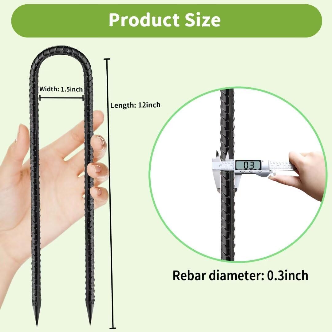 Rebar-Stakes-12-Inch, Ground Stakes Heavy Duty U-Hook Black Coated Anti-Rust Heavy Duty Ground Anchors for Garden Dog Fence Chicken Coop Christmas Decorations Deer Fence 8pcs