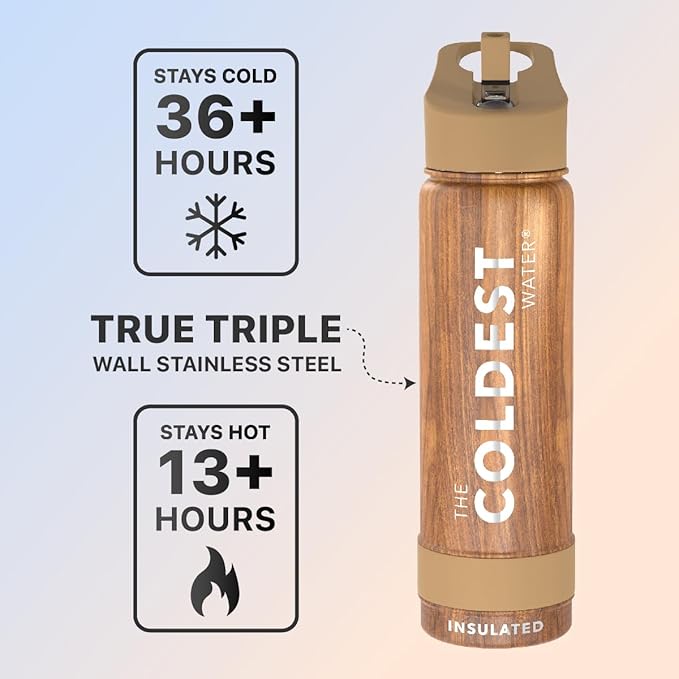 Coldest Sports Water Bottle with Straw Lid Vacuum Insulated Stainless Steel Metal Thermos Bottles Reusable Leak Proof Flask for Sports Gym (24 oz, Executive Wood)