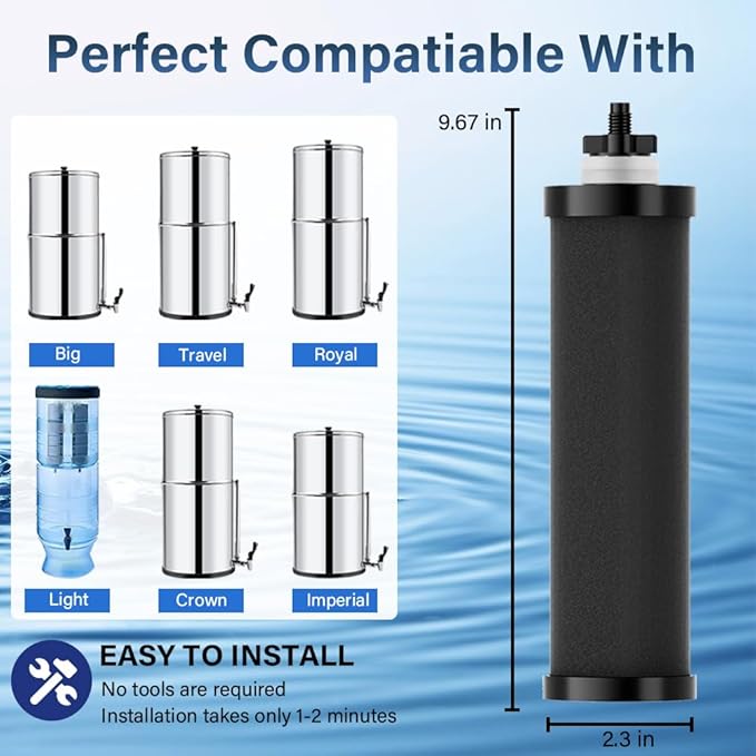Water Filter Replacement for Berkey, Water Filter System Black Activated Carbon Block Filters Compatible with Berkey® BB9-2® Gravity Filtration System, Pack of 6