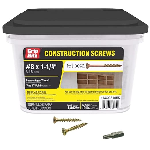 Grip Rite 114GCS10BK #8 by 1-1/4-inch Type 17 Coarse Thread Yellow Zinc Plated T-25 Star Drive Bulk Construction Screws 1,842 Count, 10lbs.