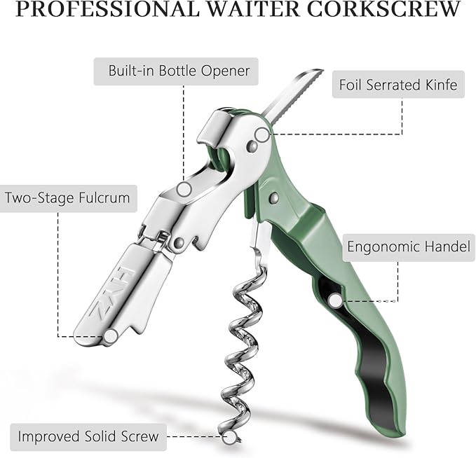 HYZ 2-Pack Wine Opener Waiter Corkscrew, Professional Wine Key for Servers, Bartender with Foil Cutter, Manual Wine Bottle Opener Double Hinged (Army Green)