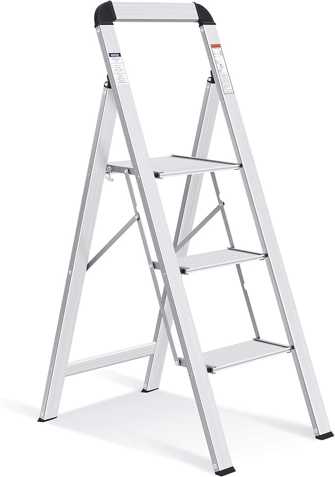KINGRACK Aluminium 3 Step Ladder, Lightweight Step Stool with Non-Slip Pedals, Handrail, 330 LBS Foldable Step Ladder for Kitchen, Garage, Home, Space Saving, Sturdy and Portable, Silver