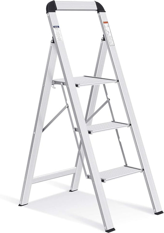 KINGRACK Aluminium 3 Step Ladder, Lightweight Step Stool with Non-Slip Pedals, Handrail, 330 LBS Foldable Step Ladder for Kitchen, Garage, Home, Space Saving, Sturdy and Portable, Silver