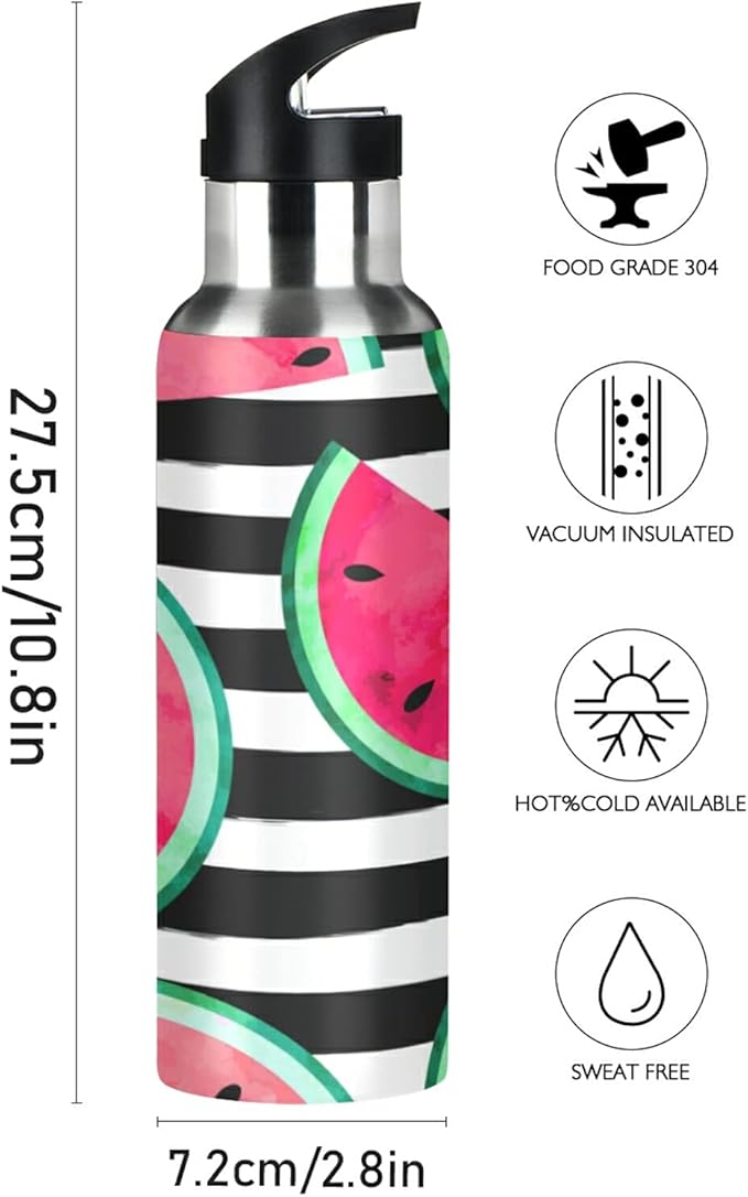 xigua Watercolor Watermelon Slices Stainless Steel Water Bottle with Straw, BPA Free Reusable Leakproof Water Jug for Fitness Camping Outdoor Sports