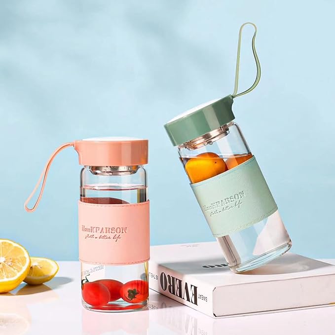 Glass Water Bottles 16 Oz Borosilicate water bottle-with sealing cap and Holsters and filters - BPA free,Men and Women Portable Glass Bottle (Green)