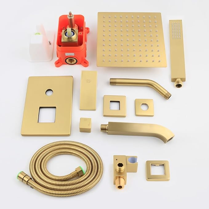 POP SANITARYWARE Brushed Gold Shower System Bathroom Shower Faucet Set with Tub Spout Wall Mounted 8 Inch Shower Head and Handle Set with Handheld 3 Function Tub and Shower Trim Kit with Valve