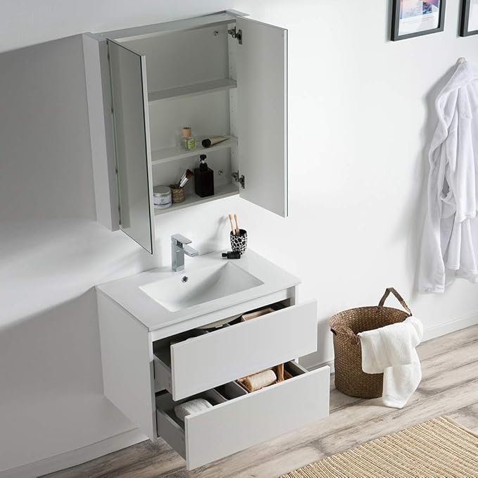 Blossom Single Bathroom Vanity with Ceramic Sink and Mirror Medicine Cabinet | All Wood Floating Vanity Cabinet | 2 Soft-Closing U-Shaped Cutout Drawers | 30 inch, Glossy White
