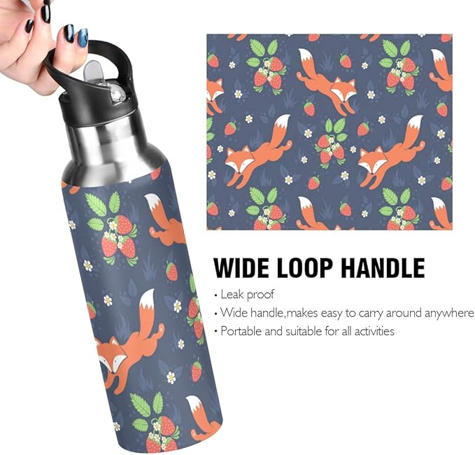 Blueangle 22 OZ Fox And Strawberry Water Bottle with Straw - BPA Free Leakproof Stainless Steel Water Bottle for Women Men Water Jug for Fitness Gym Outdoor Sport