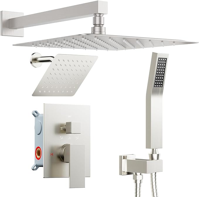 Shower Faucet Set Brushed Nickel Shower System, STARBATH 12+6" Double Rain Shower Head and Handheld Spray for Two Person, Wall Mounted 3 Way Shower Valve with 5 Diverter and Trim Kit Complete