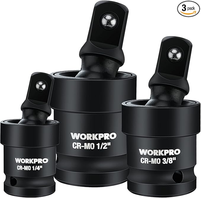 WORKPRO Impact Universal Joint Set, 3 Piece-1/2", 3/8", 1/4"Inch Drive Swivel Socket Set, Socket Adapter Set, Premium CR-MO Steel, Impact Grade, 360 Degree Rotation for Various Angles