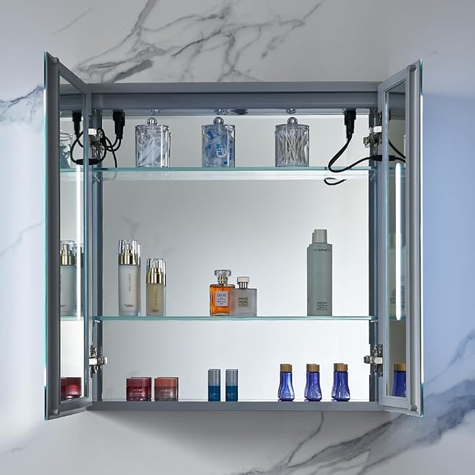 Blossom LED Medicine Cabinet Mirror for Bathroom 25x26 Inch - Recessed/Surface Mounted Lighted Medicine Cabinet with Mirror - Defogger, 3-Color Dimmer - Wall Mounted Storage Cabinet