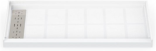 Sunrosa Shower Base 60"×36"×4", Single Threshold Shower Bases with Left Drain, Rectangle Solid Surface White Shower Pan, Slip Resistant Textured Surface, Include Stainless Steel Chrome Cover