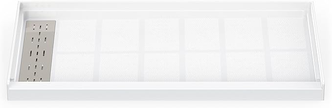 Sunrosa Shower Base 60"×32"×4", Single Threshold Shower Bases with Left Drain, Rectangle Solid Surface White Shower Pan, Slip Resistant Textured Surface, Include Stainless Steel Chrome Cover