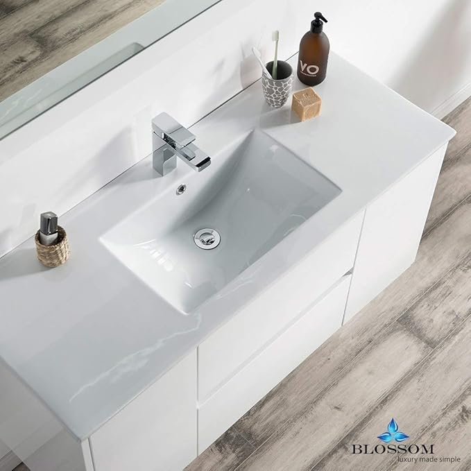 Blossom Single Bathroom Vanity with Ceramic Sink and Mirror | All Wood Floating Vanity Cabinet | 2 Doors and Soft-Closing U-Shaped Cutout Drawers| 48" w/Ceramic Sink and Mirror, Glossy White