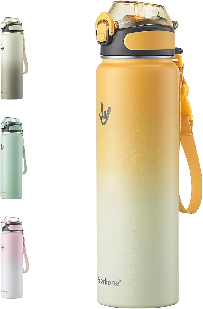 Enerbone Insulated Water Bottle, 32 oz Stainless Steel Water Bottles with Carrying Strap, Double-Wall Vacuum Insulation Thermos, Leakproof Sports Bottle with Straw, Keep Drinks Hot or Cold for Hours