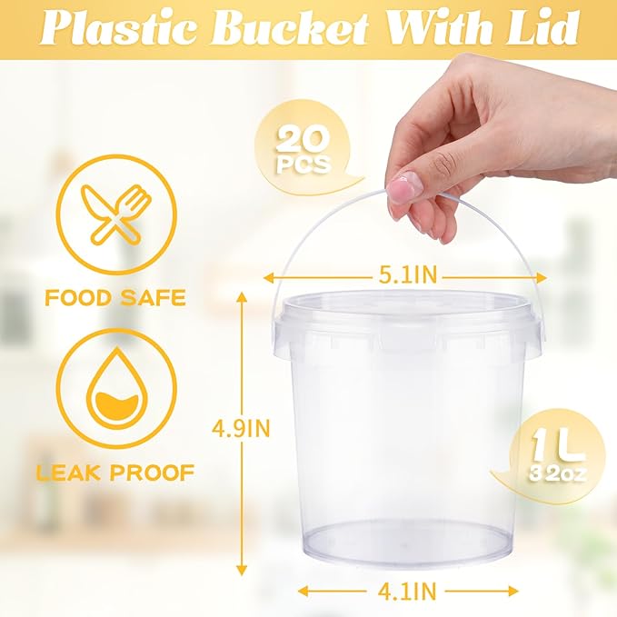 20 Pcs 32 oz Ice Cream Buckets with Lids and Handles Clear Cocktail Rum Buckets Reusable Food Containers with 100 Pcs Boho Stickers 24 Pcs Boho Flower Straws for Party Supplies