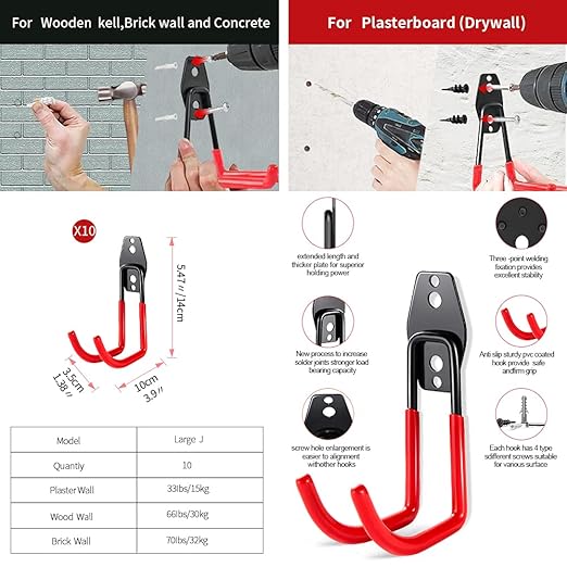 3-H Heavy Duty Garage Hooks [10 Pack] - 3-Round Welding Tech Holds 22lbs More - Thickened Steel Wall Mount for Ladders, Tools & Storage - Rustproof Utility Hardware