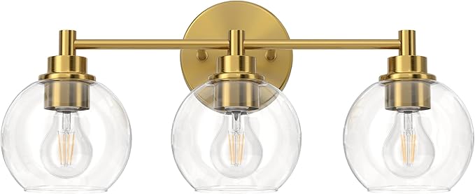 VONLUCE Bathroom Light Fixtures, 3-Light Bathroom Vanity Light with Globe Glass Shades E26 Sockets, Vanity Lights Over Mirror for Bedroom Hallway Living Room, Gold Finish