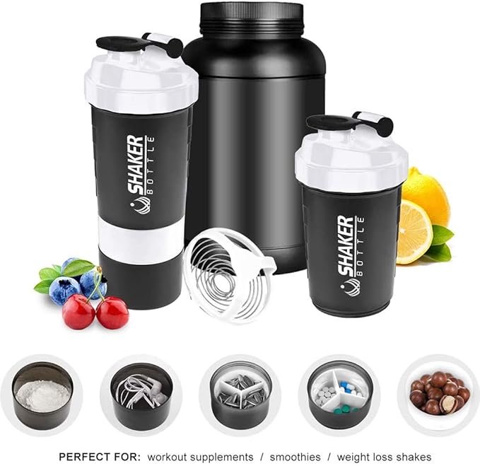 Protein Shaker Bottle - Sports Water Bottle - Non Slip 3 Layer Twist Off 3oz Cups with Pill Tray - Leak Proof Shake Bottle Mixer- Protein Powder 16 oz Shake Cup with Storage