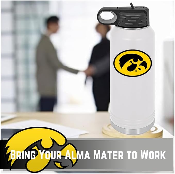Game Day Outfitters University of Iowa 32oz Stainless Steel Double Walled White Beverage Bottle with Flip Straw Spout - College Gear for Playoff Season – Show your Hawkeye Pride