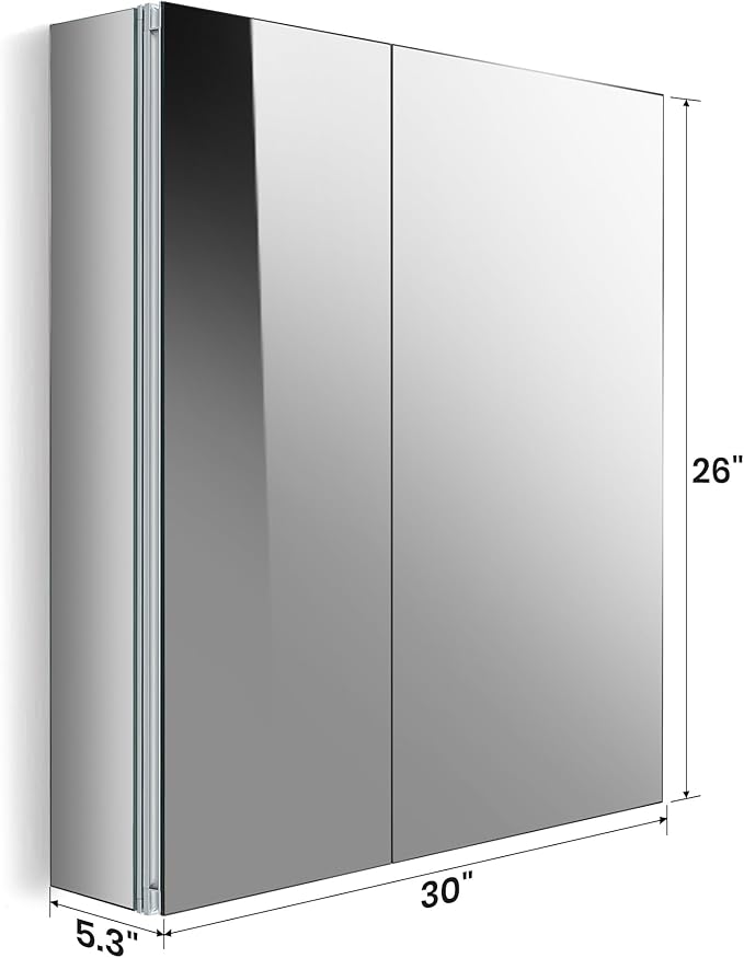 Medicine Cabinet with Mirror Door&Adjustable Shelves, Wall-Mounted Rectangular Medicine Cabinet Beveled Edge Frame, Dual Mirror Doors, 30" x 26"x 5.3"