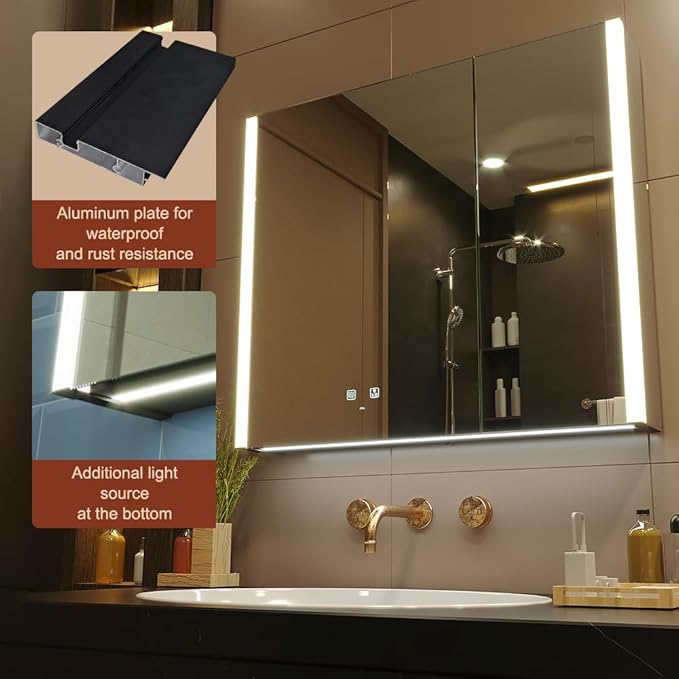 KWW LED Lighted Bathroom Medicine Cabinet with Sockets & USBs, Defogger, Dimmable, 3 Color Light Makeup Mirror, Easy to Install, Wall Mounted Cabinet (31.5 * 28)