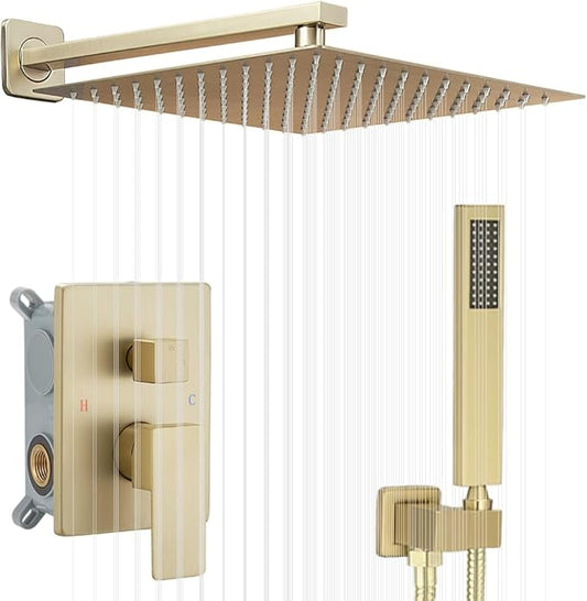 Shower Faucet Set 16 Inch Wall Mount Rain Shower System, All Metal Shower Fixtures - Brushed Gold