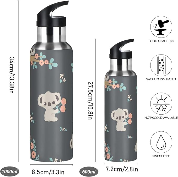 senya 20 Oz Water Bottle with Straw Koala and Flowers Stainless Steel Water Bottle for Traveling Sports Leakproof Insulated Water Bottle