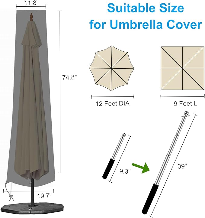 OKPOW Patio Umbrella Cover for 9ft to 12ft Outdoor Umbrellas - 420D Waterproof Garden Market Umbrella Cover Outside Parasol Covers with Zipper for Deck Pool Beach Umbrellas, Dark Grey