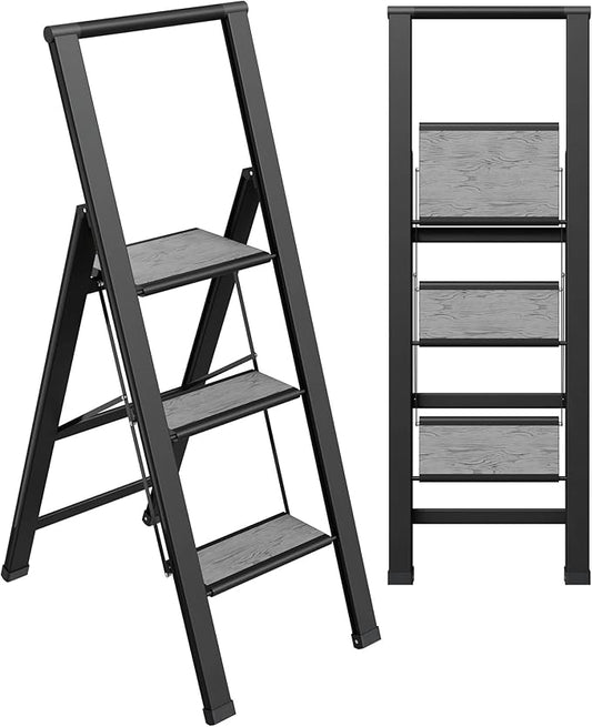 Step Ladder 3 Step Folding, Decorative - Beautiful Gray Wood & Black Aluminum, Ultra Slim Profile, Anti Slip Steps, Sturdy-Portable for Home, Office, Kitchen, Photography Use,by SORFEY