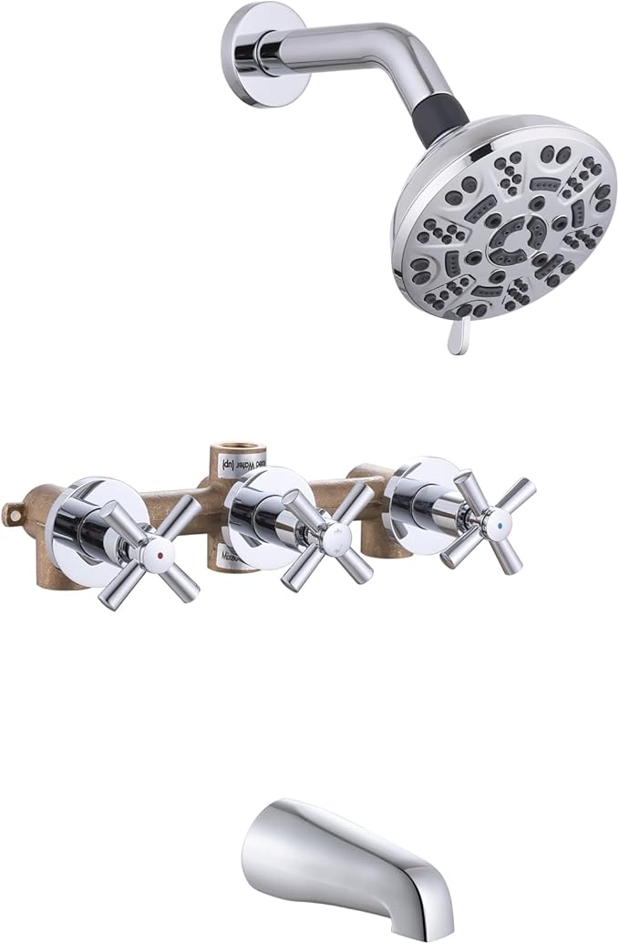 3 Handles Shower Faucet Set with Tub Spout Bathtub Shower Faucets Combo Set Shower System Complete Tub and Shower Trim Kit Shower Fixtures Chrome