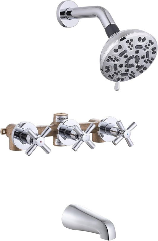 3 Handles Shower Faucet Set with Tub Spout Bathtub Shower Faucets Combo Set Shower System Complete Tub and Shower Trim Kit Shower Fixtures Chrome