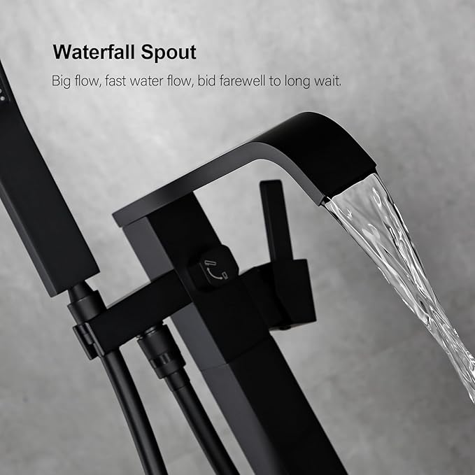 BAGNOLUX Solid Brass Floor Mount Bathtub Faucet Free Standing Tub Faucet Freestanding Tub Filler Matte Black High Flow Rate Swivel Spout with Hand Shower, ‎YGSLT-FANG-BLACK