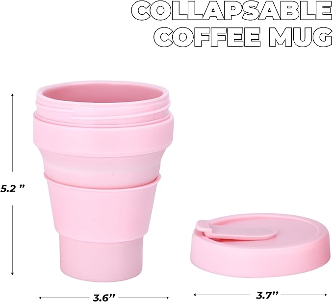HYDRATE Collapsible Cups for Traveling - 400ml Reusable Cup with Lid for Camping, and On-the-Go Adventures - Foldable Cup - Portable Silicone Coffee Mug for Hot Drinks, Tea - Easy to Clean - Pink