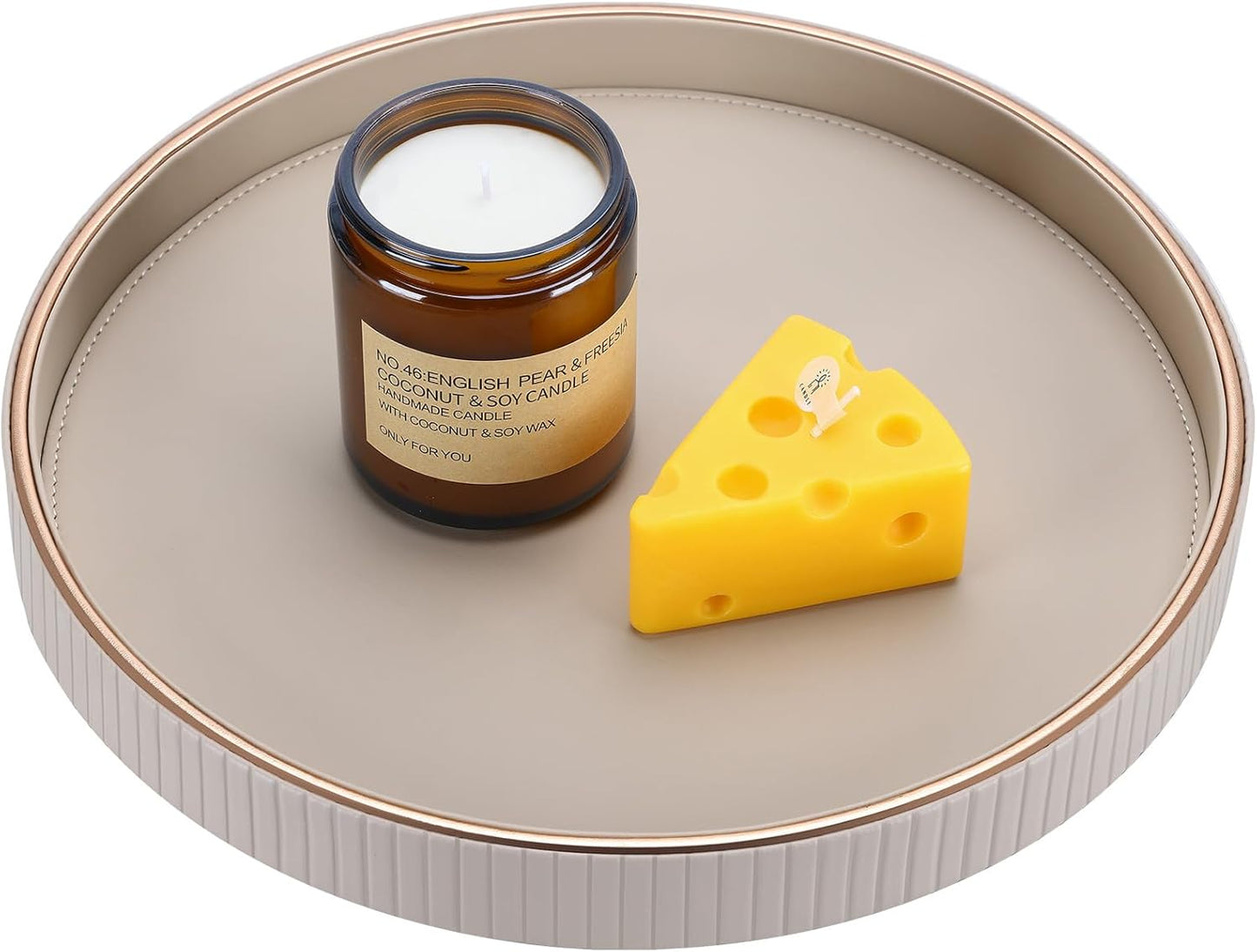 KINGFOM Decorative Serving Tray, PU Leather Valet Nightstand Desk Organizer for Men Women, Round Tray Decor for Coffee Table/Home Decor, Modern Decorative, Centerpiece (Beige)