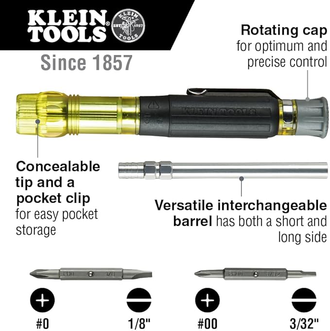 Klein Tools 32614 Multi-bit Precision Screwdriver Set, 4-in-1 Electronics Pocket Screwdriver, Professional Phillips and Slotted Bits, EDC