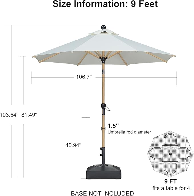 PURPLE LEAF 9 Feet Patio Umbrella Outdoor Table Umbrella Aluminum Round Market Umbrella with Push Button Tilt & 8 Sturdy Ribs and Crank Commercial Sun Umbrella for Garden Patio Balcony, Cream