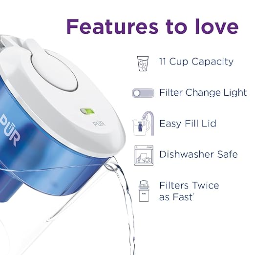 PUR 11-Cup Water Pitcher with 1 Genuine PUR Filter, 2-in-1 Faster Filtration, Dishwasher Safe, Filter Change Light, Easy Fill Lid, LockFit lid, Blue/White (CR1100C)