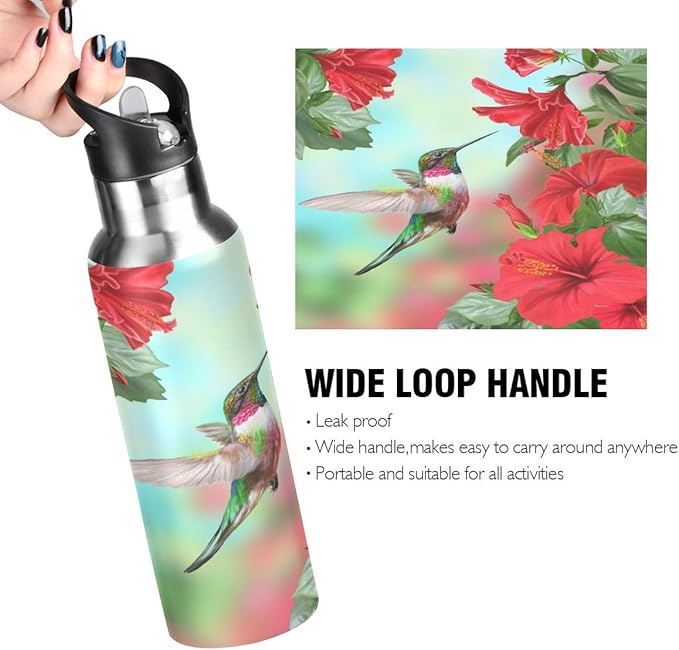 Red Hibiscus Flower Hummingbird Sports Water Bottle, 22 Oz BPA Free Non-Toxic Stainless Steel Water Bottle with Straw for Gym Yoga Fitness Camping