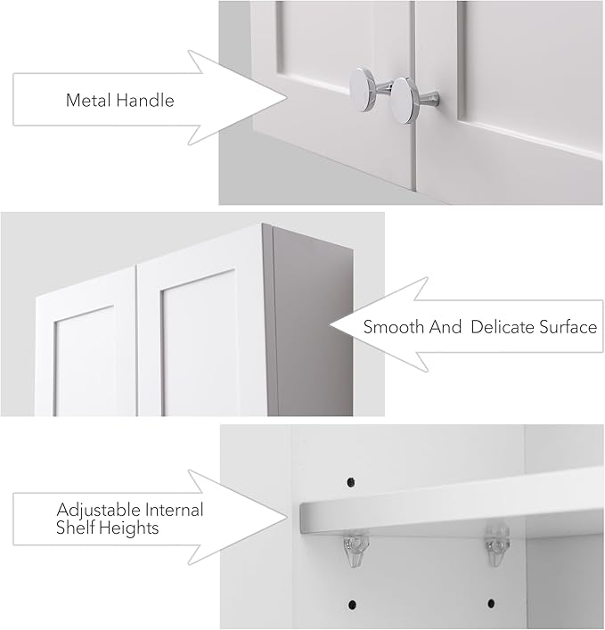 White Wall Mount Cabinet, MDF Over The Toilet Storage Cabinet with Adjustable Shelves, Space Saver 2 Door Medicine Cabinet for Bathroom Laundry Kitchen, 19x 27in, No Paint Odor