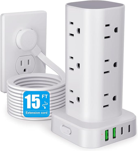 Power Strip Tower with Multiple Outlets, Flat Plug Surge Protector Tower Extension Cord with 12 AC Outlets 4 USB Ports (2 USB C), 15FT Cord Power Tower Surge Protector for Home Office Dorm Room, White