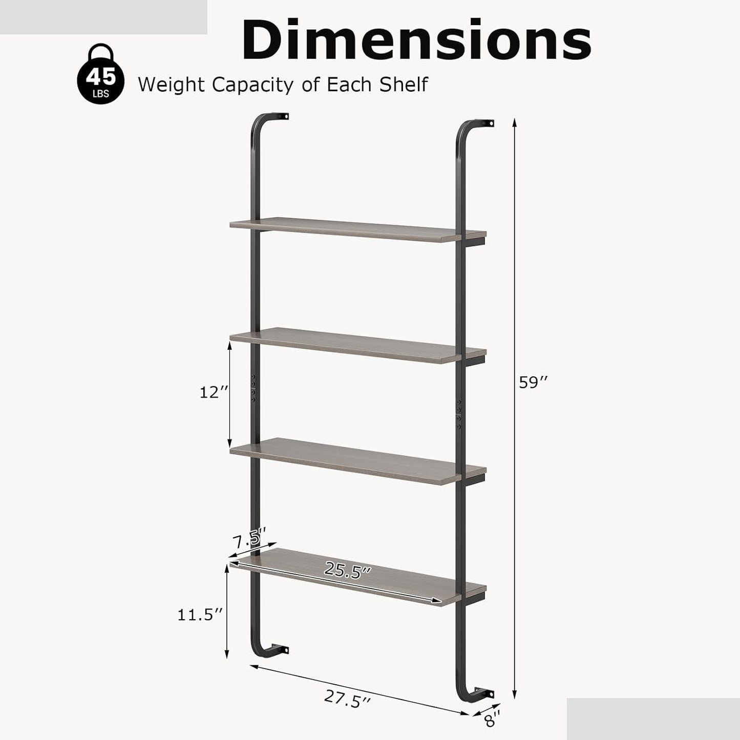 Giantex 4-Tier Industrial Bookshelf, Wall Mounted Pipe Shelving Unit, Floating Shelves with Metal Frame, Hanging Wall Display Shelf, Wood Ladder Bookshelf for Living Room, Kitchen,Gray Oak