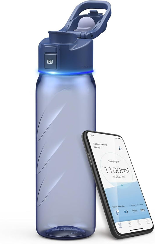 Smart Water Bottle with Reminder to Drink Water, Motivate & Tracking Hydration Water Bottle with App, 32 oz Tritan BPA-Free Plastic Water Bottles for Gym, School, Office - Blue