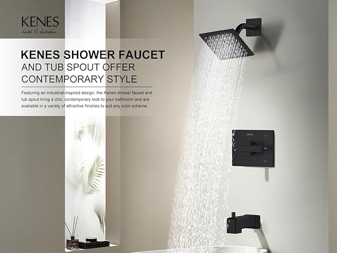 KENES Modern Matte Black Shower Faucet, Tub and Shower Trim Kit with Single-Spray Square Stainless Black Rain Shower Head, KE-6025A-2 (Shower Valve Included)