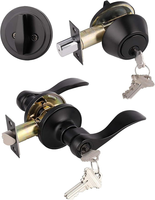 1Pack Exterior Door Lever Lockset with Single Cylinder Deadbolt Black Door Handle with Deadbolt Lock Set Keyed Alike, Matte Black Finished