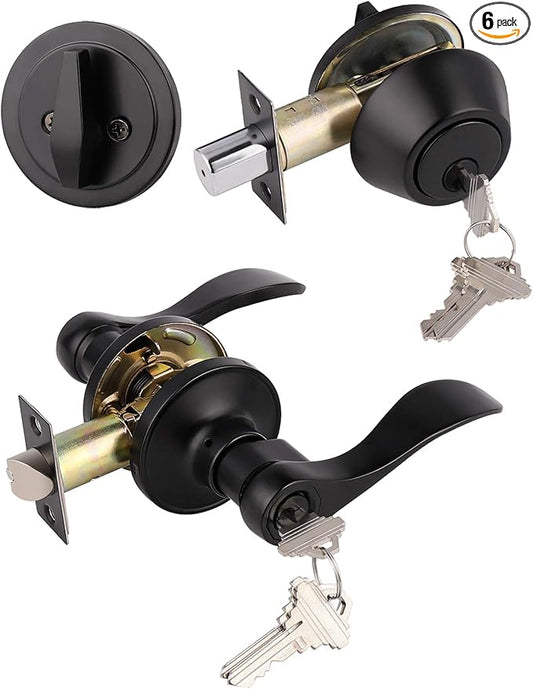 Gobrico 6 Keyed-Alike Entry Lever and Single Cylinder Deadbolt Combination Locksets,Black Finished,for Right-Handed and Left-Handed Doors