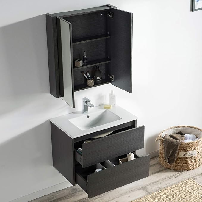Blossom Single Bathroom Vanity with Ceramic Sink and Mirror Medicine Cabinet | All Wood Floating Vanity Cabinet | 2 Soft-Closing U-Shaped Cutout Drawers | 30 inch, Silver Grey